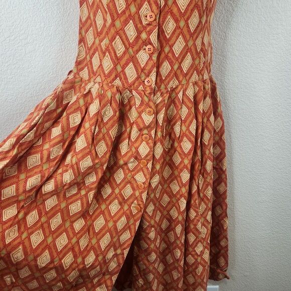 Vintage 70s Drop Waist Maxi Dress Womens Size S Orange Cotton Flowy Diamond - Picture 5 of 7